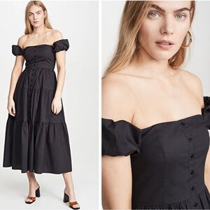 STAUD Black Elio Midi Dress size 2 Off Shoulder Cottagecore Farmcore Bohemian